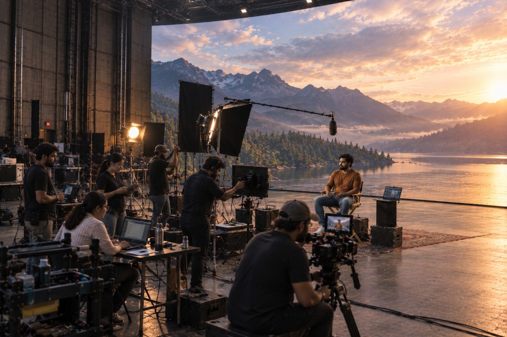 A crew filming a seated actor in front of a curved wall showing a mountain lake at sunset.